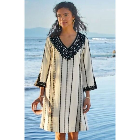 Soft Surroundings Coco de Mer V-Neck Boho Dress Sequin-Embellished Long Sleeve L - Picture 1 of 12